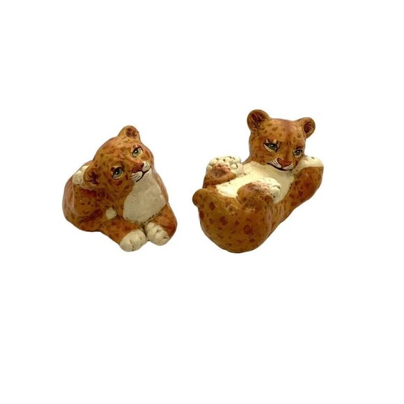 Leopard Cub Figurine Pair Wild Cat Clay Statue Vintage Tiger Decor